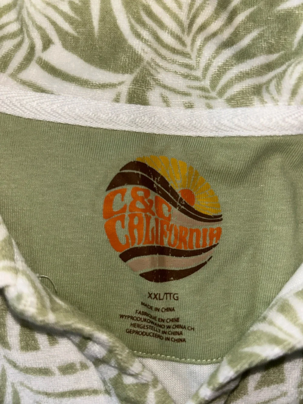 C&C California Olive Green and White Leaf Print Loungewear Set with Retro Logo